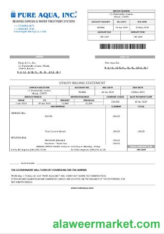 Belarus Pure Aqua Inc business utility bill Word and PDF template